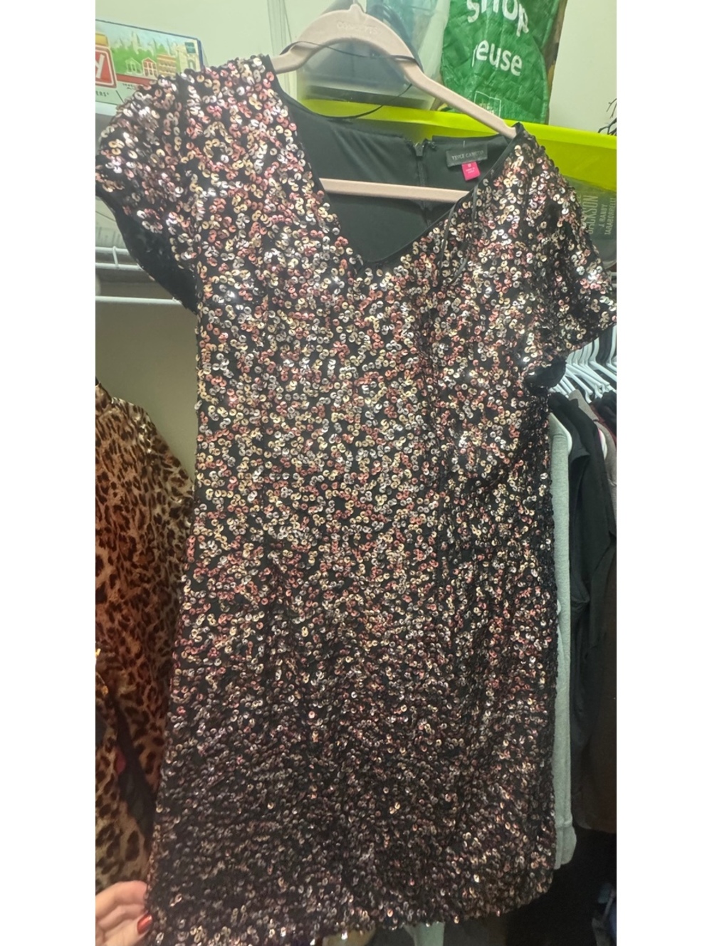 Vince Camuto Sequin Shift Dress Size 10 Black Rose Gold Silver Party Cocktail